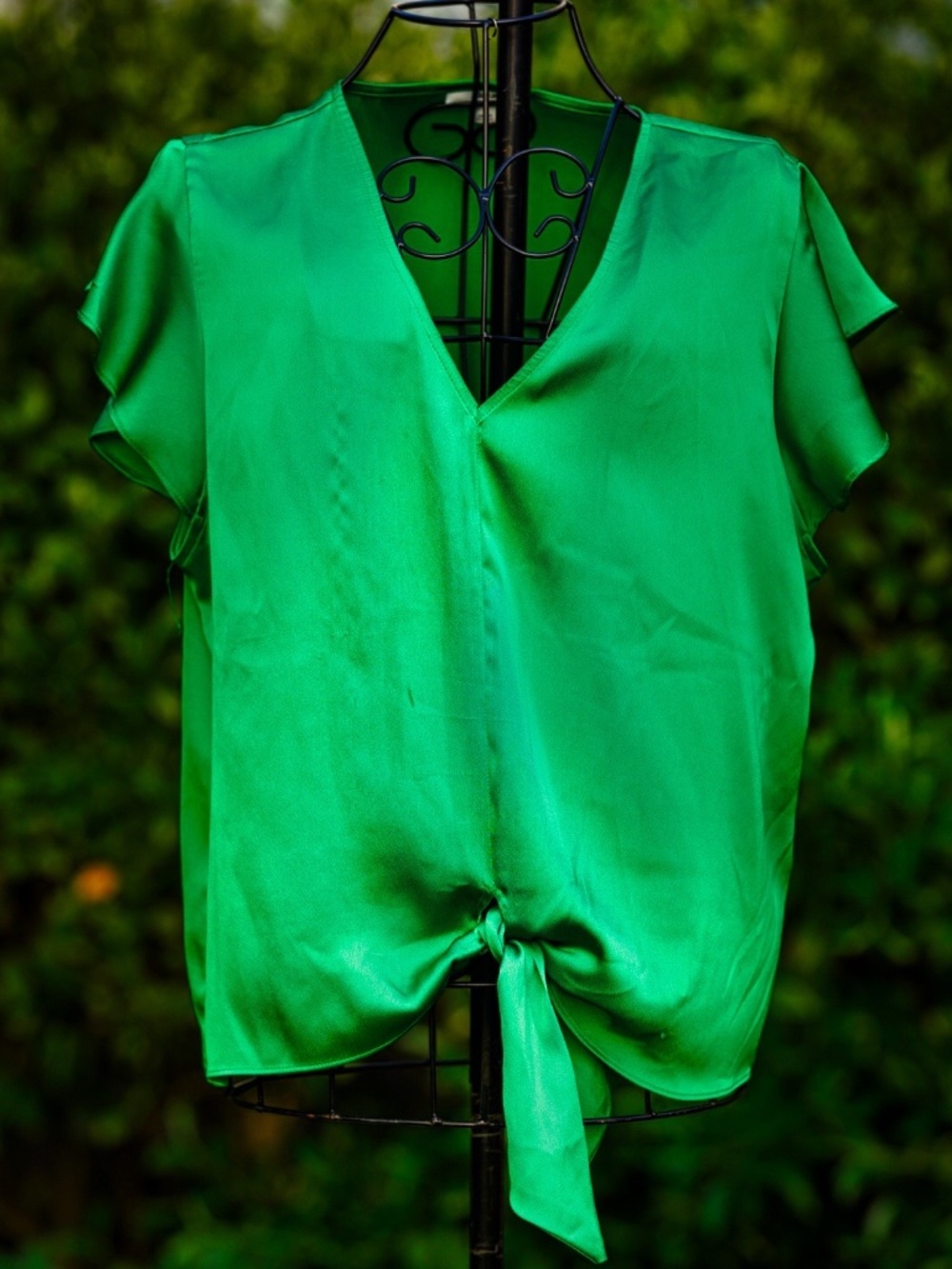 Bar III Emerald Green Satin V-Neck Tie-Front Top - Size Large